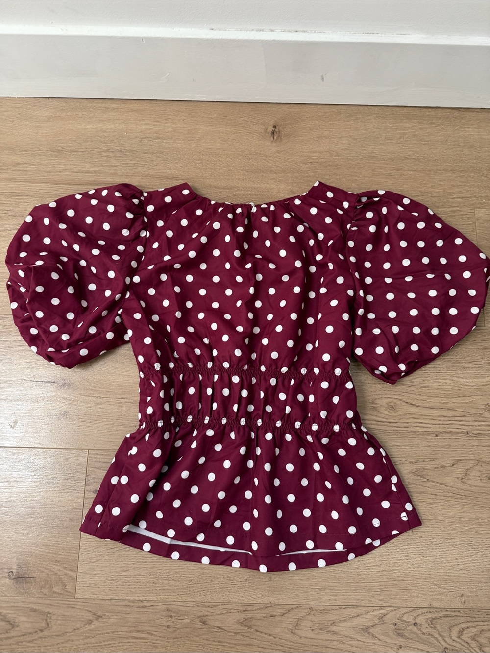 Burgundy Polka Dot Puff Sleeve Blouse